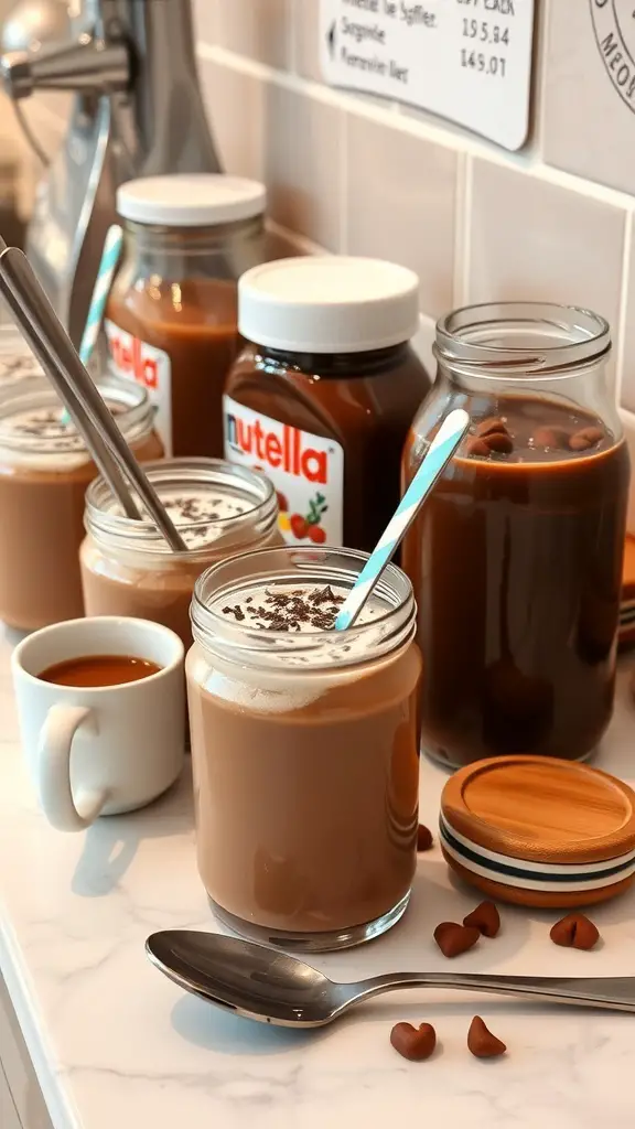 A cozy hot chocolate bar featuring jars of Nutella, hot chocolate in jars, and toppings.