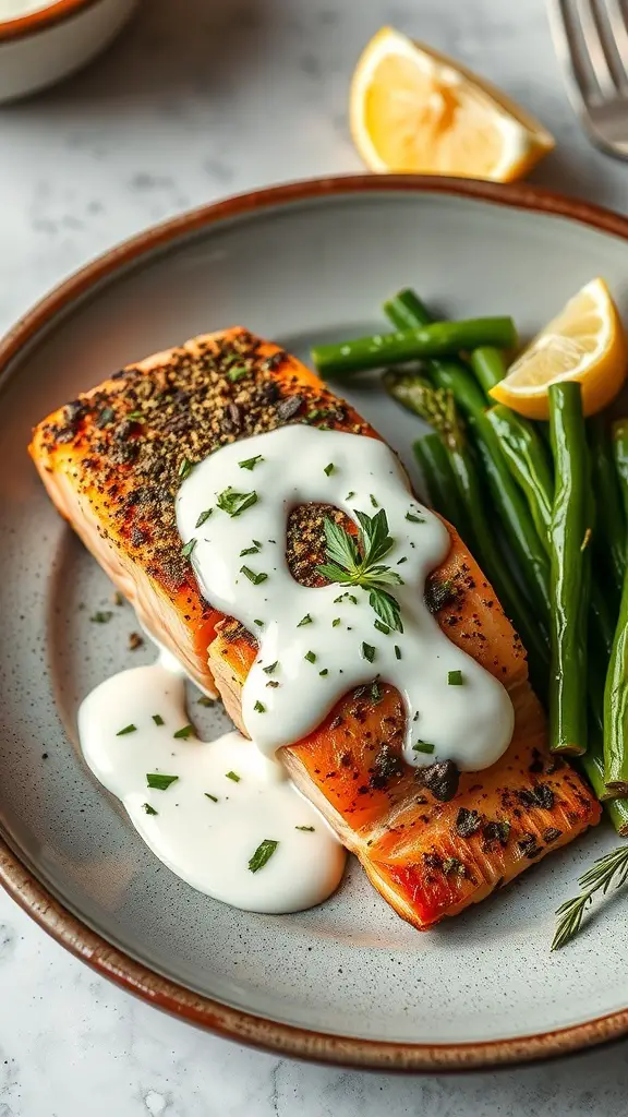 A plate of zaatar crusted salmon with yogurt sauce, served with asparagus and lemon wedges.