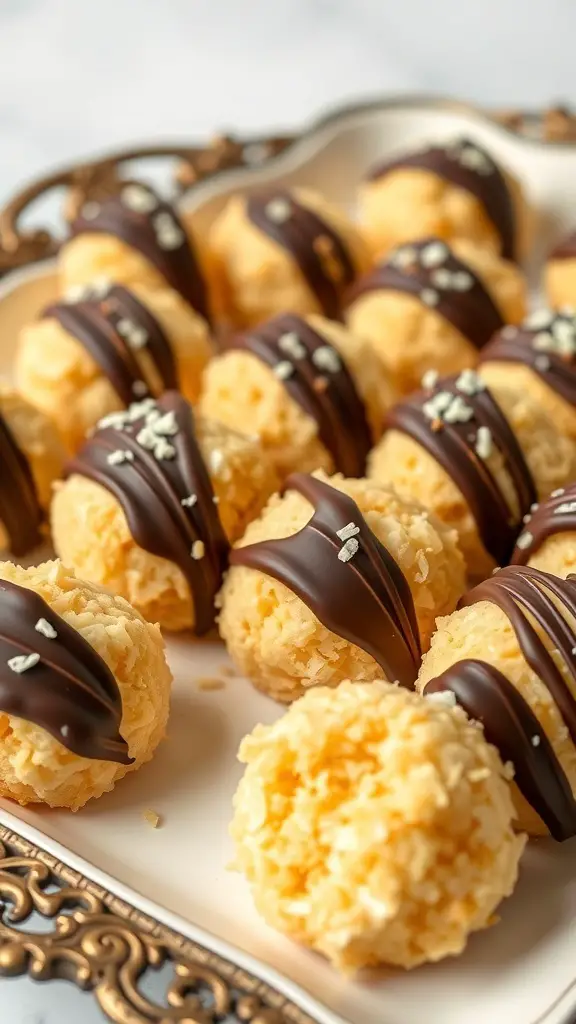 A platter of coconut macaroons dipped in chocolate, showcasing a golden coconut exterior and dark chocolate drizzle.
