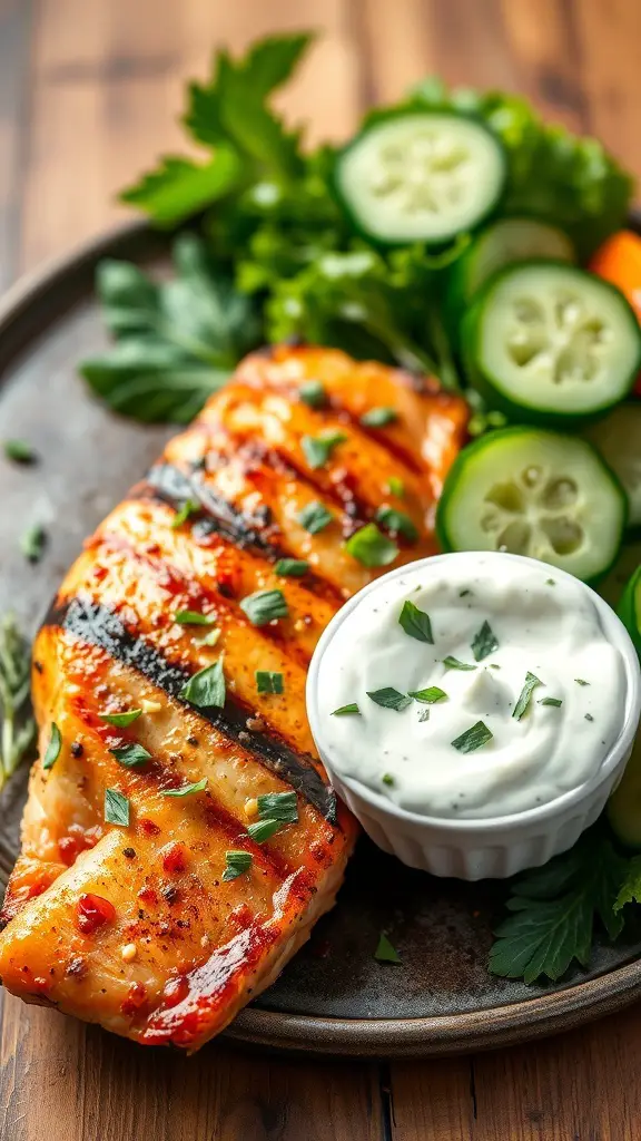 Grilled salmon fillet with tzatziki sauce and fresh vegetables on a plate