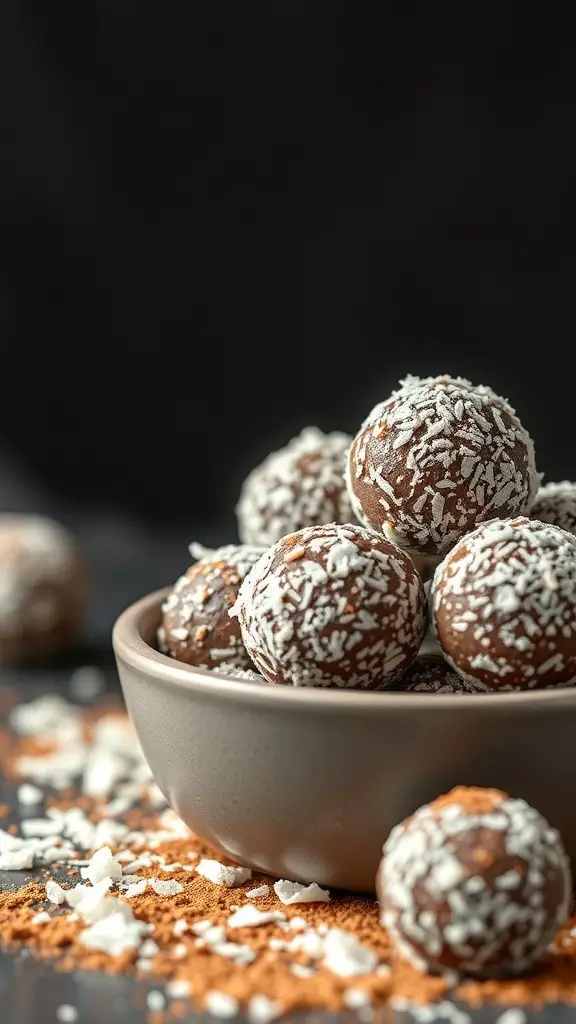 A bowl of chocolate coconut energy balls, coated with shredded coconut, on a dark background.