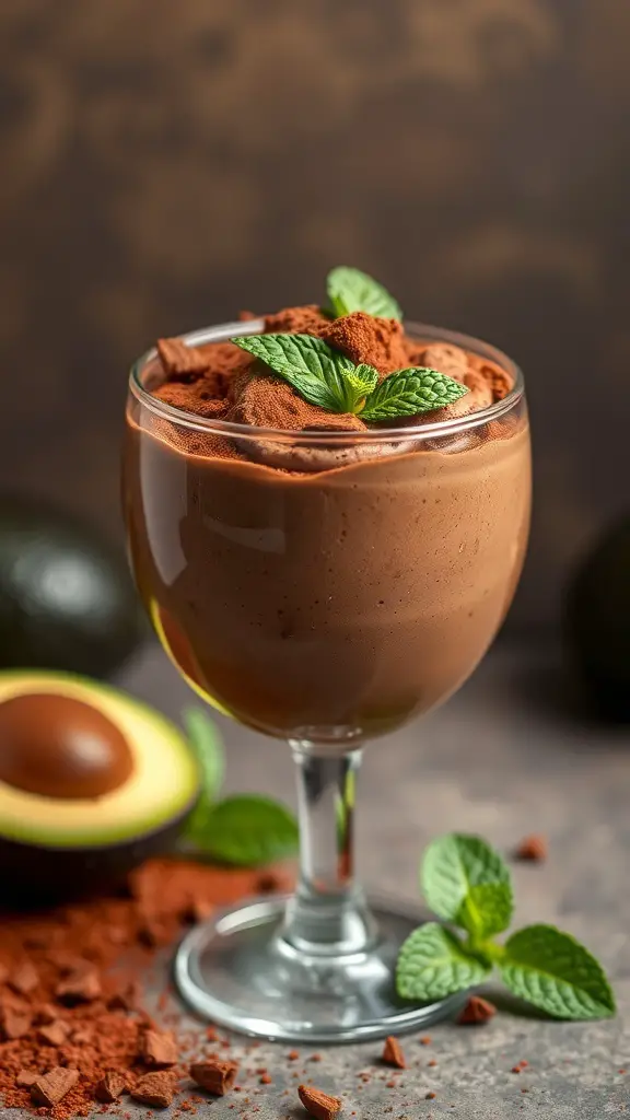 A glass of chocolate avocado mousse topped with cocoa powder and mint leaves, with an avocado half in the background.