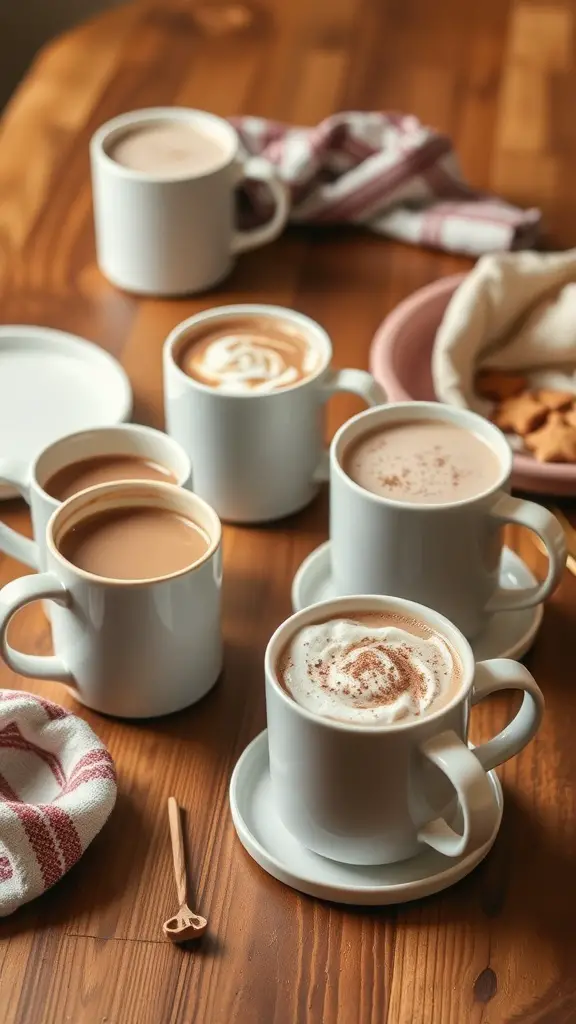 A cozy setup of hot cocoa mugs with various toppings on a wooden table.