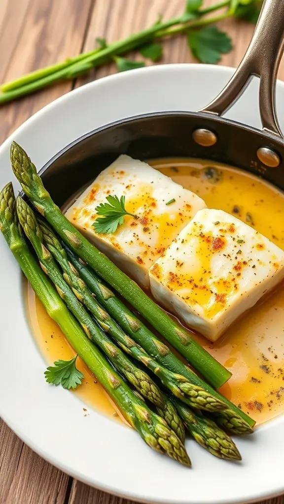 A plate of garlic butter cod with asparagus, showcasing flaky fish and vibrant green vegetables.