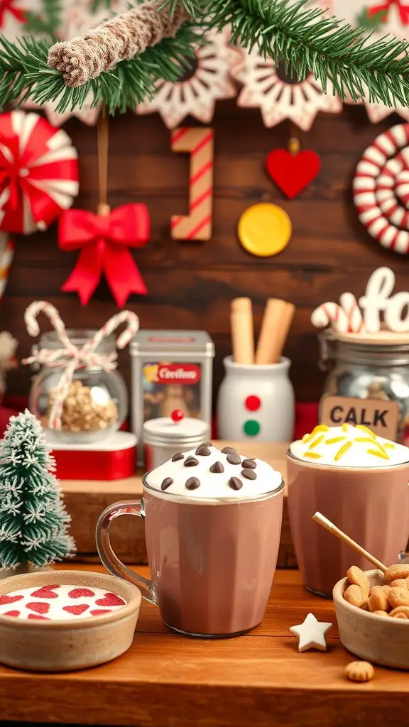 A festive cocoa bar setup for kids with mugs of hot cocoa, toppings, and holiday decorations.