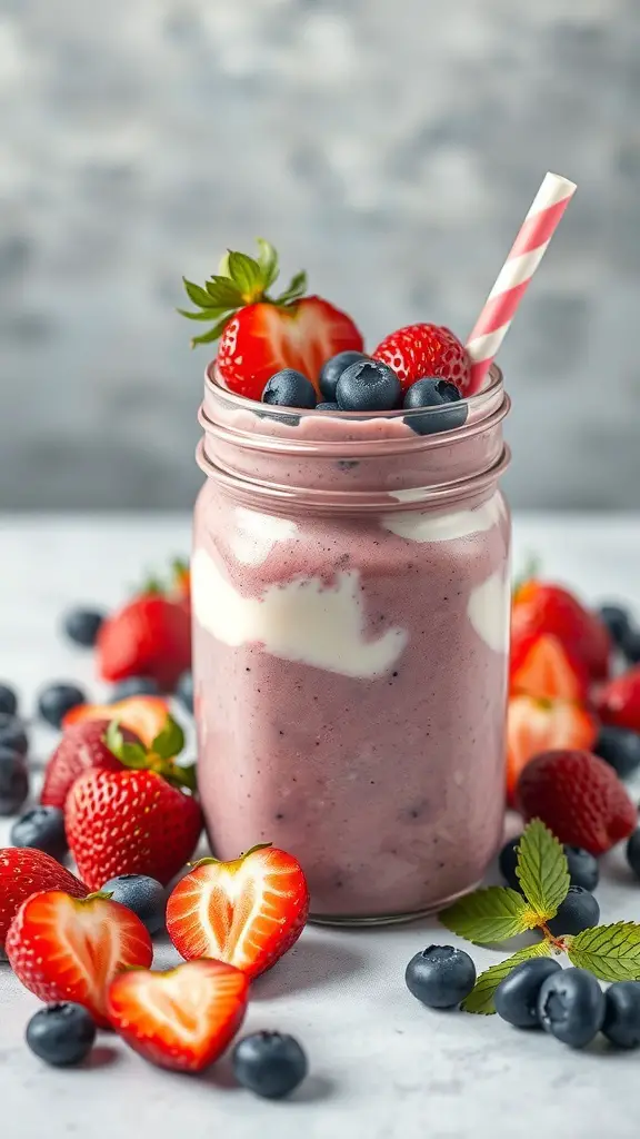 A colorful berry protein shake in a mason jar, topped with strawberries and blueberries.