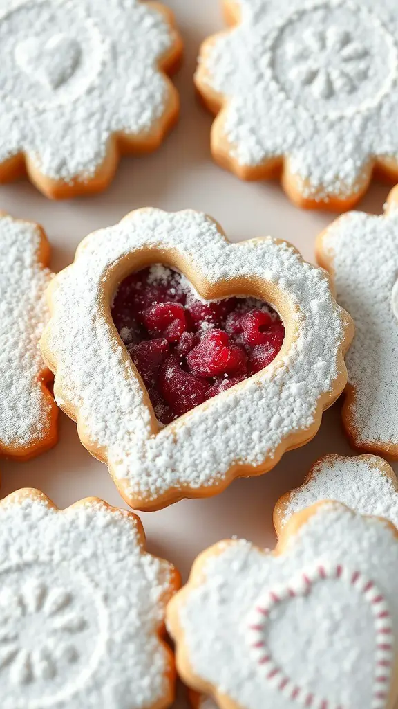 A close-up of raspberry linzer cookies with heart-shaped cutouts, filled with raspberry jam and dusted with powdered sugar.