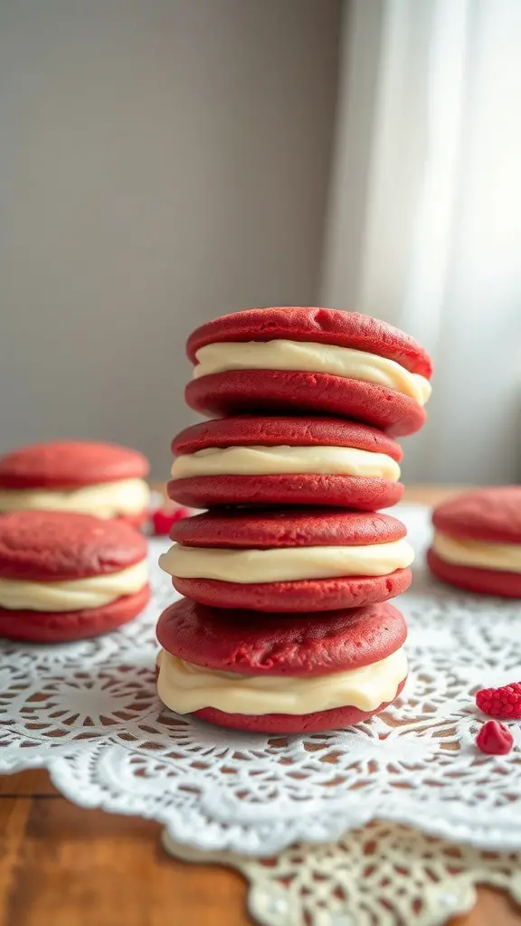 A stack of red velvet whoopie pies with cream filling on a lace doily.