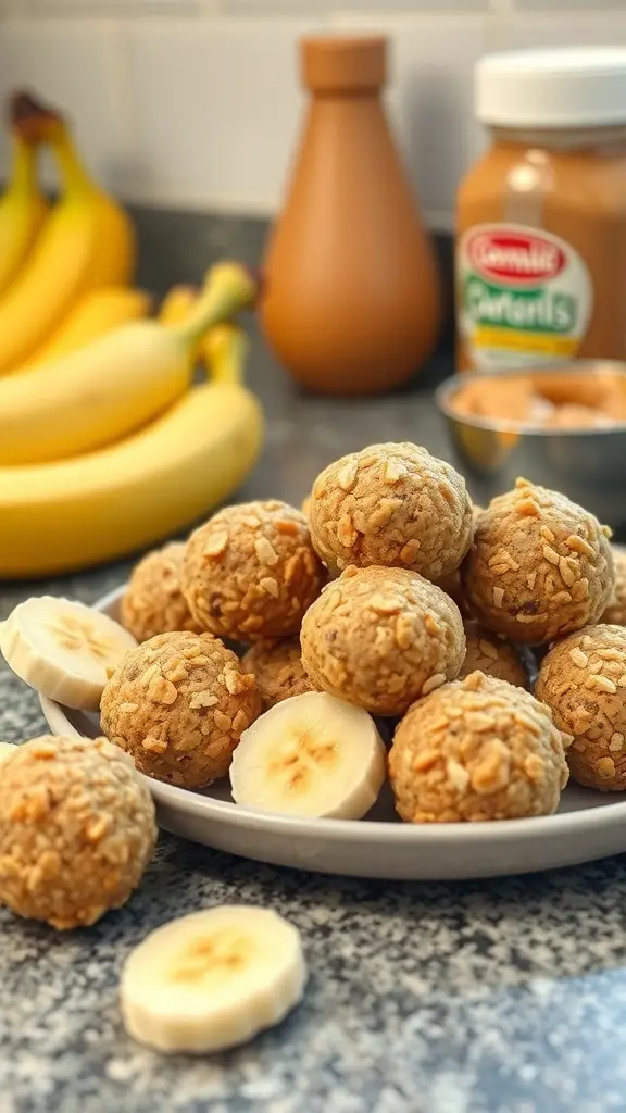 A plate of peanut butter banana protein balls with sliced bananas and a jar of peanut butter in the background.