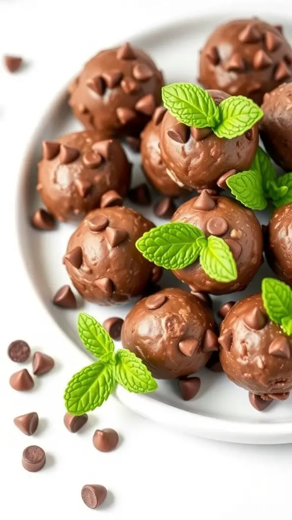 A plate of chocolate mint protein bites topped with chocolate chips and mint leaves.
