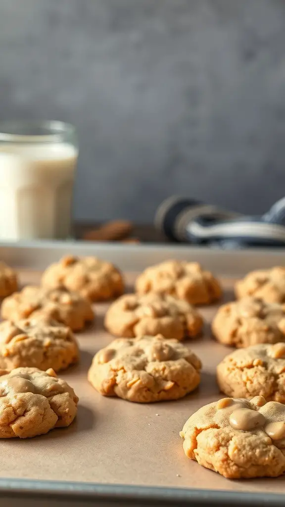 A tray of freshly baked flourless peanut butter cookies with a glass of milk in the background.