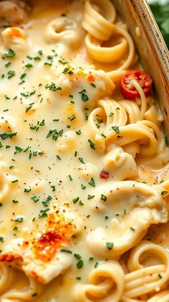 A creamy chicken Alfredo bake with pasta, cheese, and herbs.