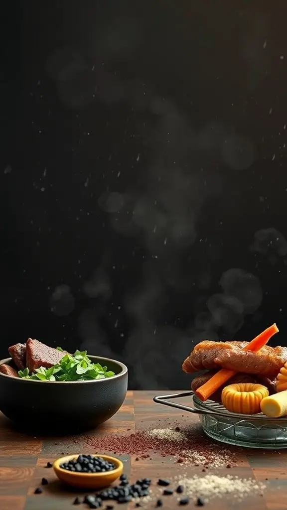 A variety of meats and garnishes displayed on a wooden surface, representing the dirty carnivore diet.