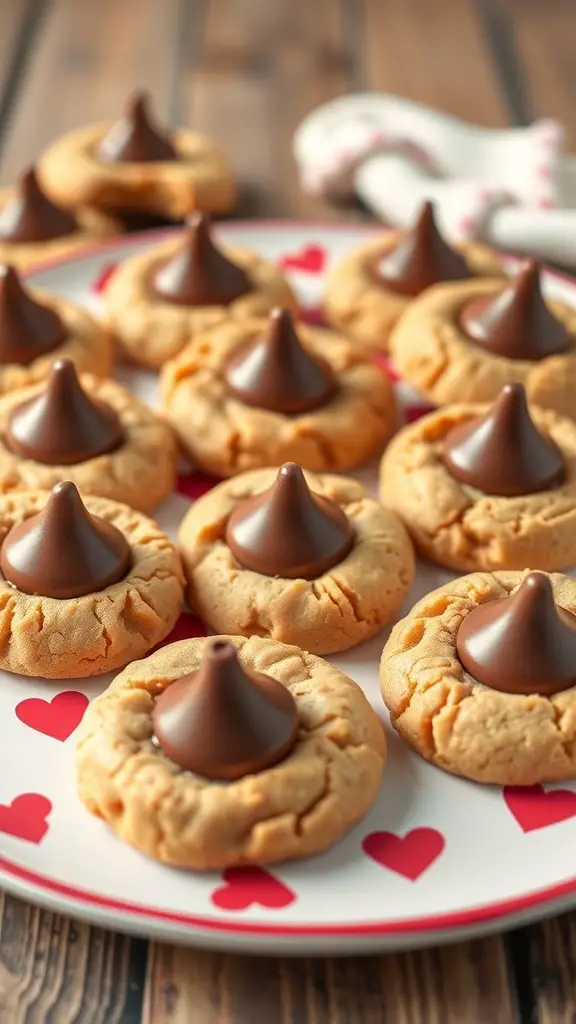 A plate of Peanut Butter Kiss Cookies topped with chocolate kisses, decorated with hearts.