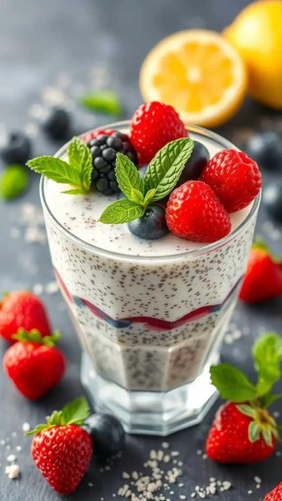 A glass of lemon coconut chia pudding topped with fresh berries and mint leaves, with a lemon in the background.