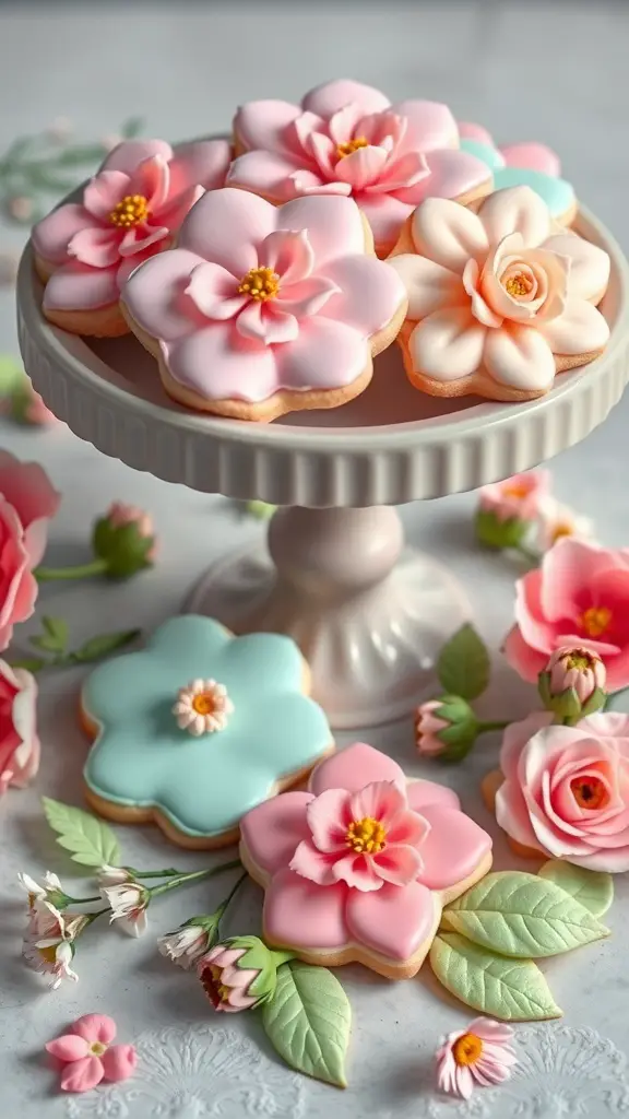 A display of beautifully decorated floral sugar cookies on a cake stand, surrounded by small flowers.