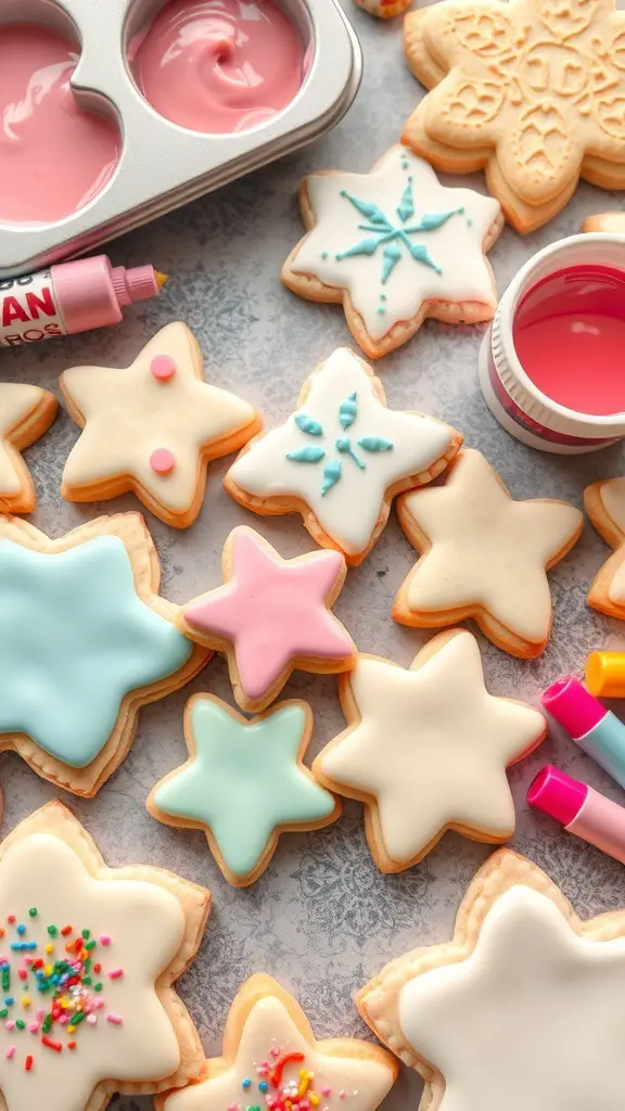 Decorated Valentine's Day sugar cookies in various star shapes with colorful icing and sprinkles.