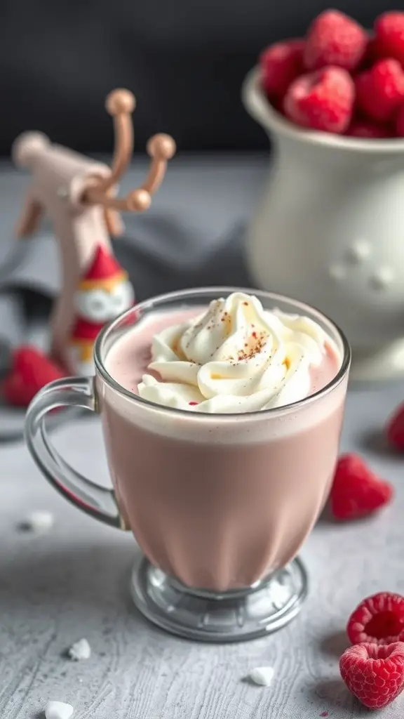 A glass of white chocolate raspberry drink topped with whipped cream and surrounded by fresh raspberries.