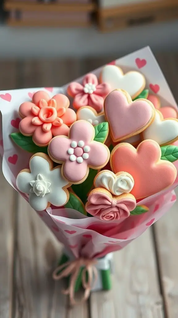 A bouquet of decorated sugar cookies in the shape of hearts and flowers