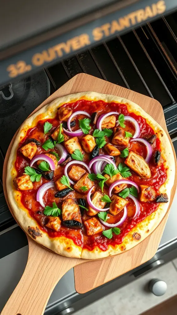 BBQ Chicken Pizza topped with red onions and parsley on a wooden pizza peel