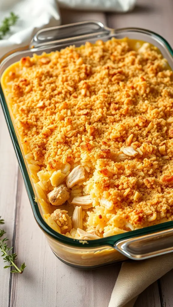 A delicious chicken and rice casserole topped with a golden crispy layer.