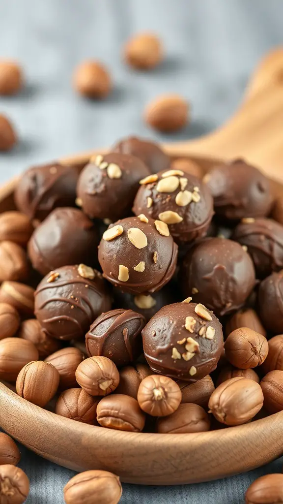 A bowl of chocolate hazelnut energy bites surrounded by whole hazelnuts.