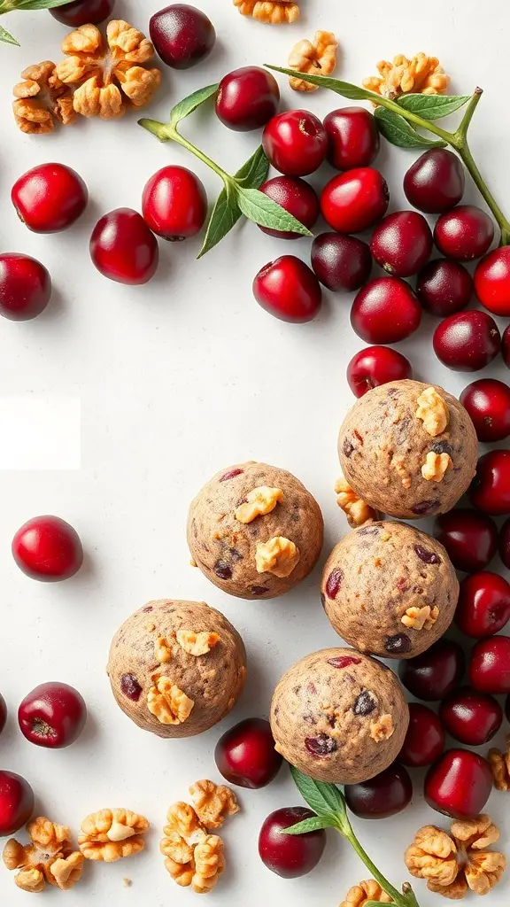 Cranberry walnut protein bites surrounded by cranberries and walnuts