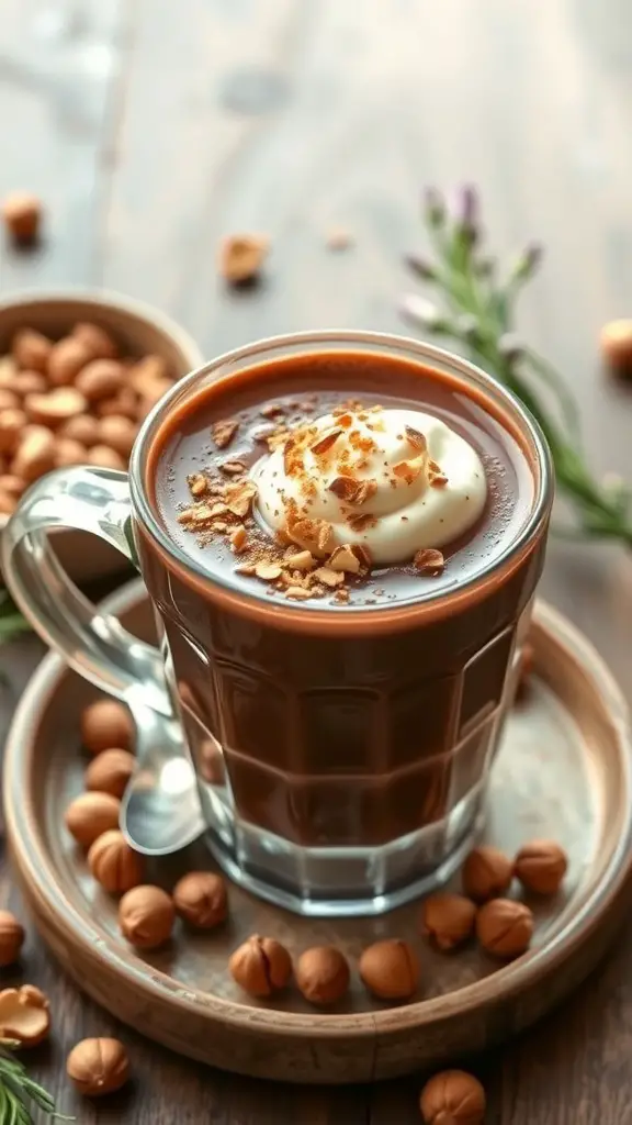 A cup of hazelnut hot chocolate topped with whipped cream and crushed hazelnuts, surrounded by whole hazelnuts.