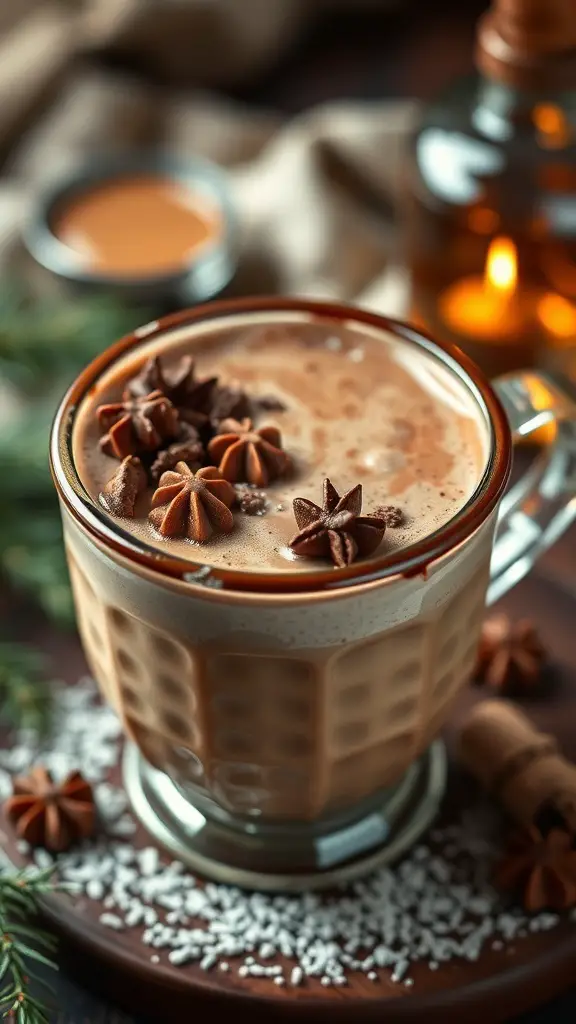 A cozy mug of Irish Cream Hot Chocolate topped with star anise, set against a warm background.