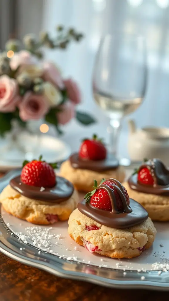 A plate of chocolate-dipped strawberry cookies with fresh strawberries on top, surrounded by a floral arrangement and a glass of wine.
