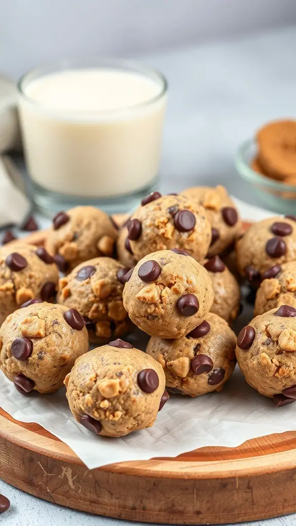 A plate of peanut butter chocolate chip energy bites with a glass of milk in the background.