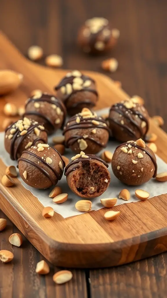 A wooden platter with chocolate hazelnut protein balls, some drizzled with chocolate and topped with chopped hazelnuts.