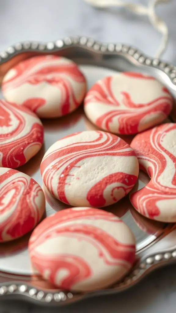 A plate of marbled red and white cookies with a swirled design