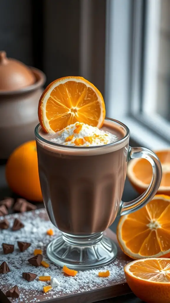 A glass of hot chocolate topped with whipped cream and an orange slice, surrounded by fresh oranges and chocolate chips.