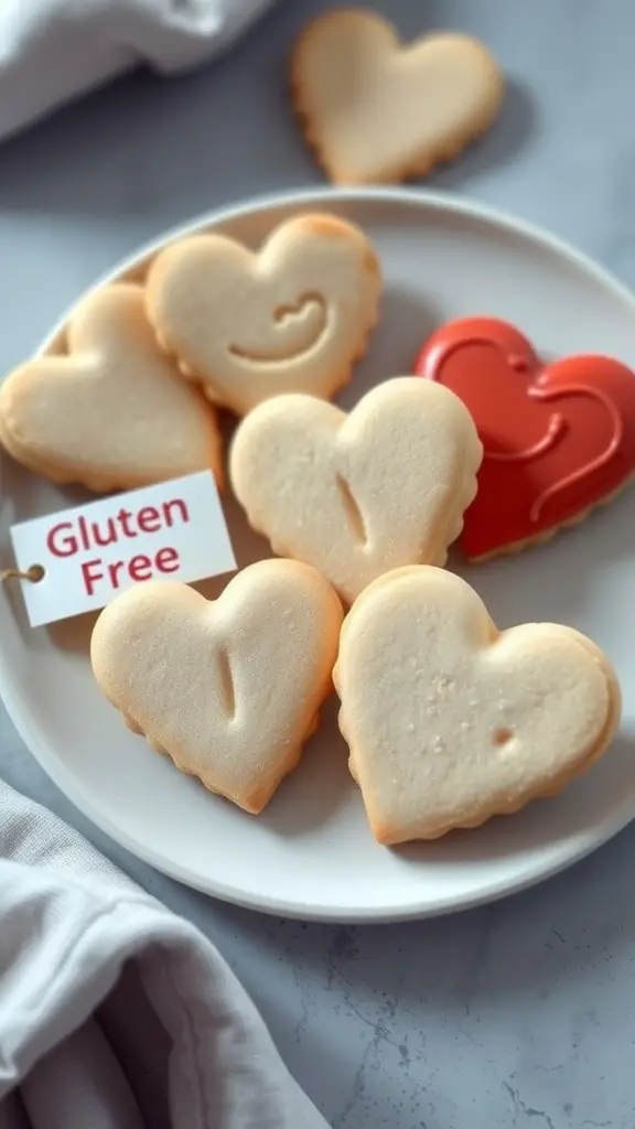 A plate of gluten-free heart-shaped sugar cookies with a red cookie and a tag that says 'Gluten Free'.