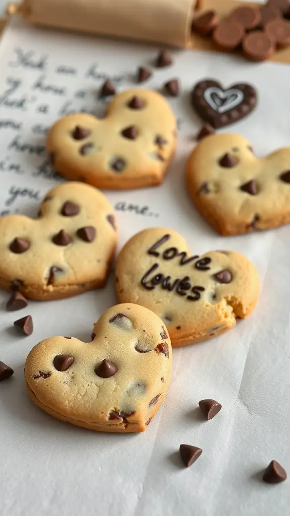 Heart-shaped chocolate chip cookies with messages on them
