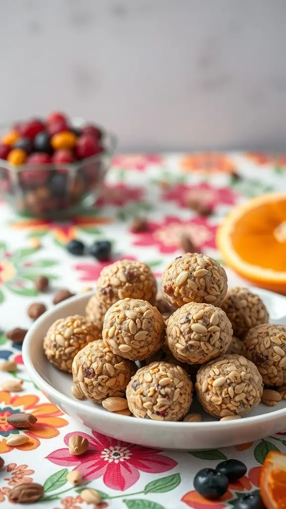 A plate of nut-free energy balls surrounded by colorful fruits and nuts on a floral tablecloth.