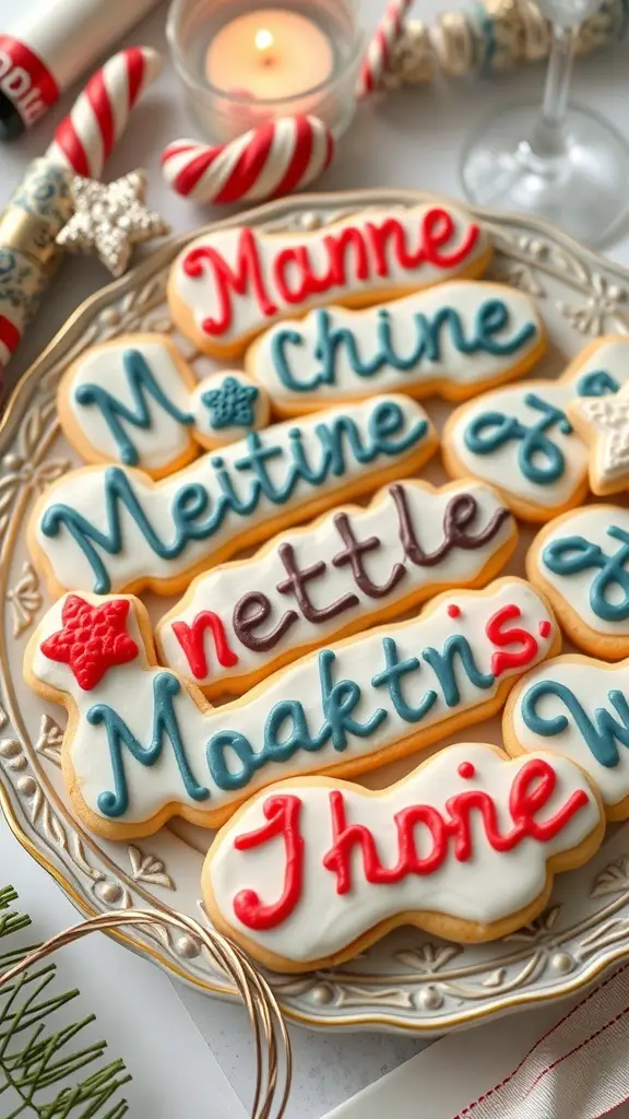 A plate of personalized sugar cookies with colorful icing and festive decorations.