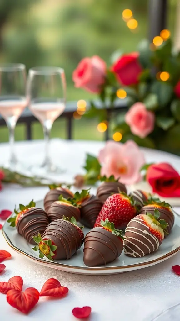 A plate of chocolate-covered strawberries with roses and glasses of wine in the background.