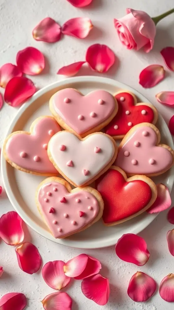 A plate of heart-shaped sugar cookies decorated with pink and red icing, surrounded by rose petals.