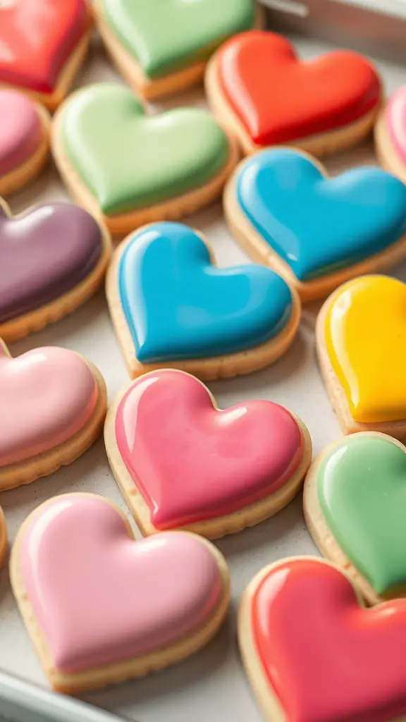 Colorful heart-shaped sugar cookies with royal icing in various shades.
