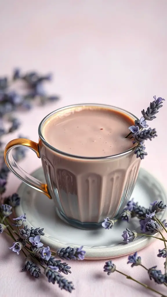 A cup of lavender infused hot chocolate with lavender sprigs around it.