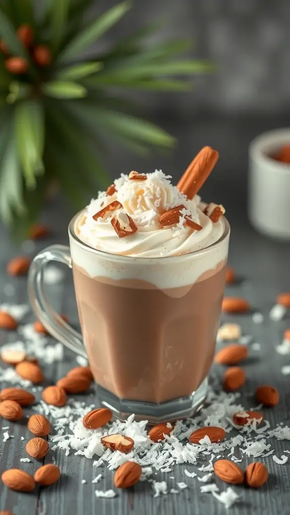 A mug of Almond Joy Hot Chocolate topped with whipped cream, almonds, and coconut flakes, surrounded by almonds and coconut on a wooden surface.