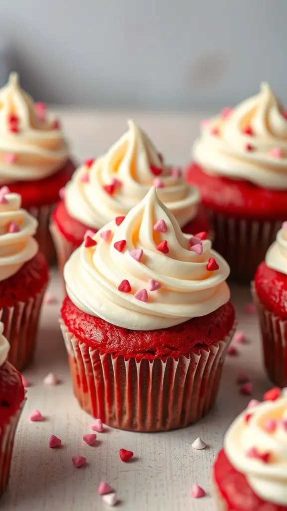 Red velvet cupcakes with cream cheese frosting and heart-shaped sprinkles