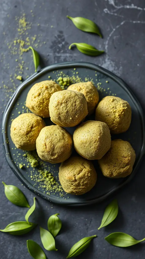 A plate of Matcha Green Tea Protein Bites surrounded by green leaves and matcha powder.