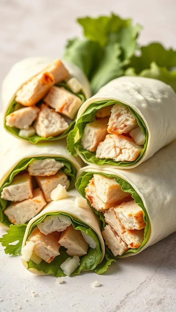 Four Chicken Caesar Salad Wraps filled with lettuce and chicken, neatly arranged.