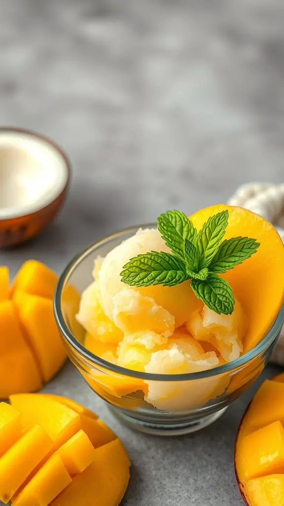 A bowl of mango coconut sorbet topped with mint leaves, surrounded by fresh mango slices.
