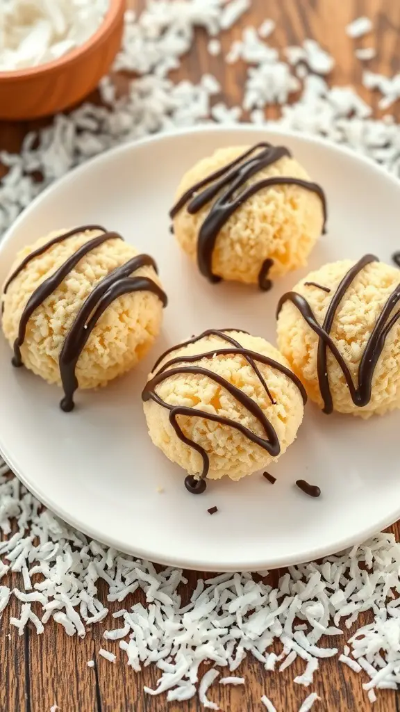 Coconut macaroons drizzled with dark chocolate on a plate
