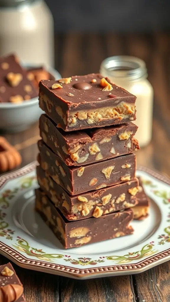 A stack of Peanut Butter Chocolate Bars on a decorative plate, with a jar of milk in the background.