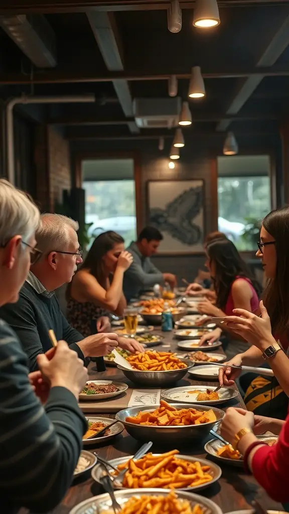 A group of people enjoying a meal together at a long table filled with various dishes, including meats and fries.